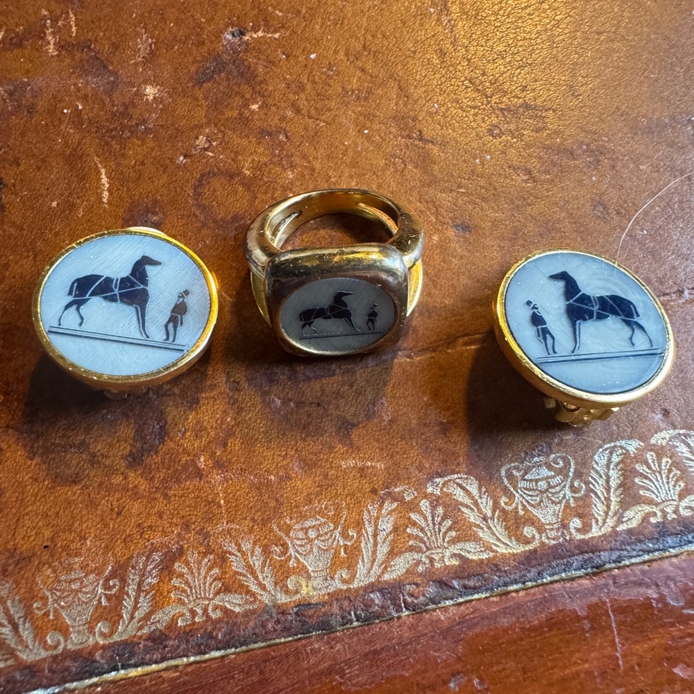 Vintage Hermes Equestrian Costume Jewelry - Gold Tone Ring and Earrings